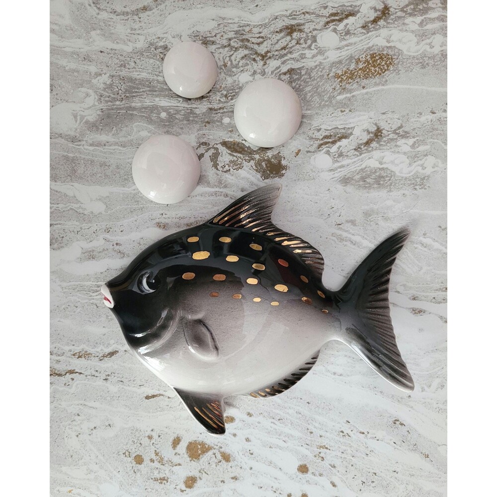 MCM Ceramic Fish with Bubbles Black White Gold Wall Decor Lefton 155B Japan